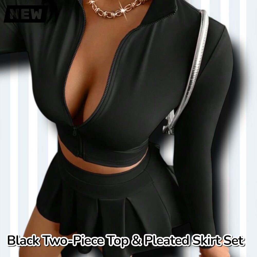New Black Two-Piece Zip-Up Crop Top & Pleated Skirt Set Medium - Picture 5 of 7